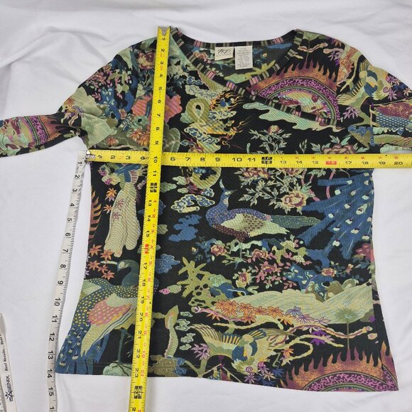 Norm Thompson Silk Blend Asymmetrical Covered Button Heavenly Dragon Peacock Top - Picture 14 of 14